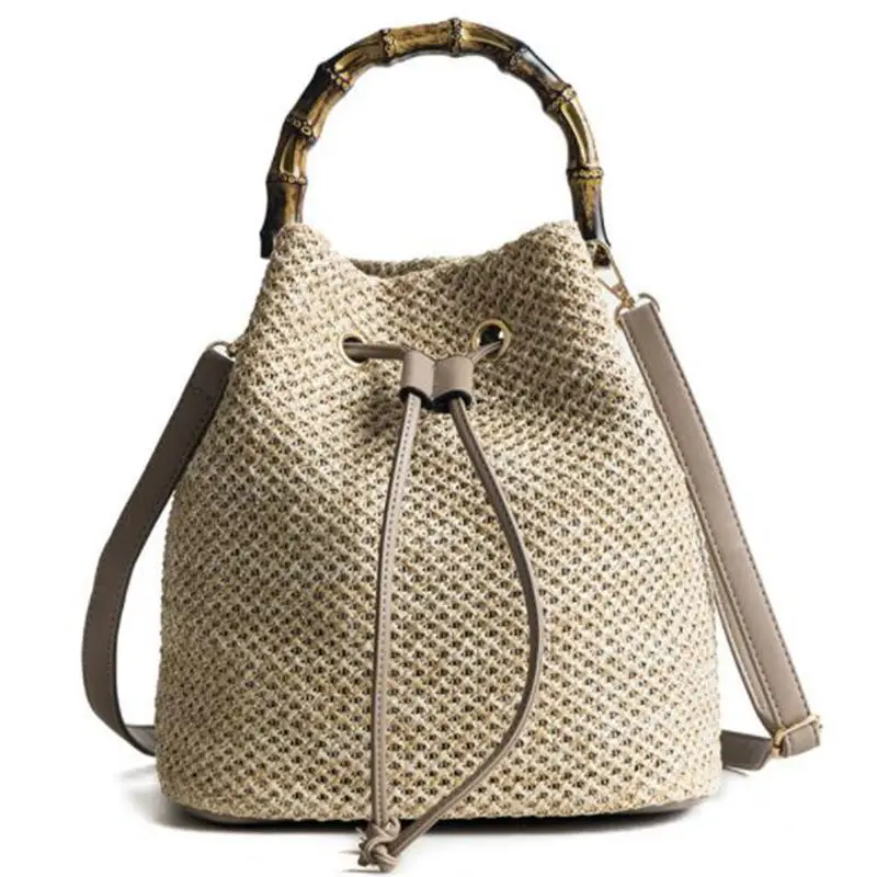 

Women Bucket String Beach Bags Summer Knitting Straw Bag Female Shoulder Bag Bamboo Handle Handbag Messenger Crossbody Bags Tote