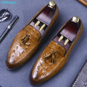 

QYFCIOUFU High Quality Genuine Cow Leather Loafers Shoes Men Crocodile Pattern Flats Tassel Formal Genuine Leather Dress Shoes