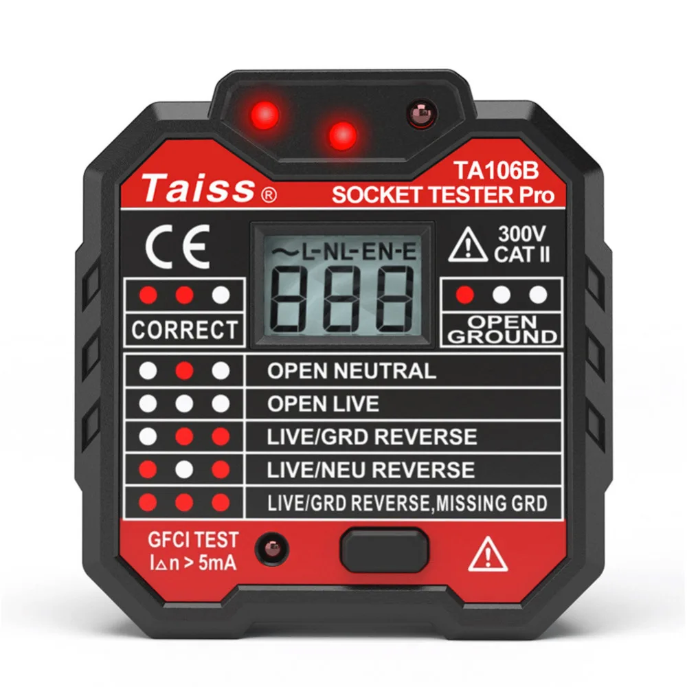 

GFCI Outlet Tester 48-250V Automatic Electric Power Circuit Polarity Voltage Detector With LED voltage display TA106B