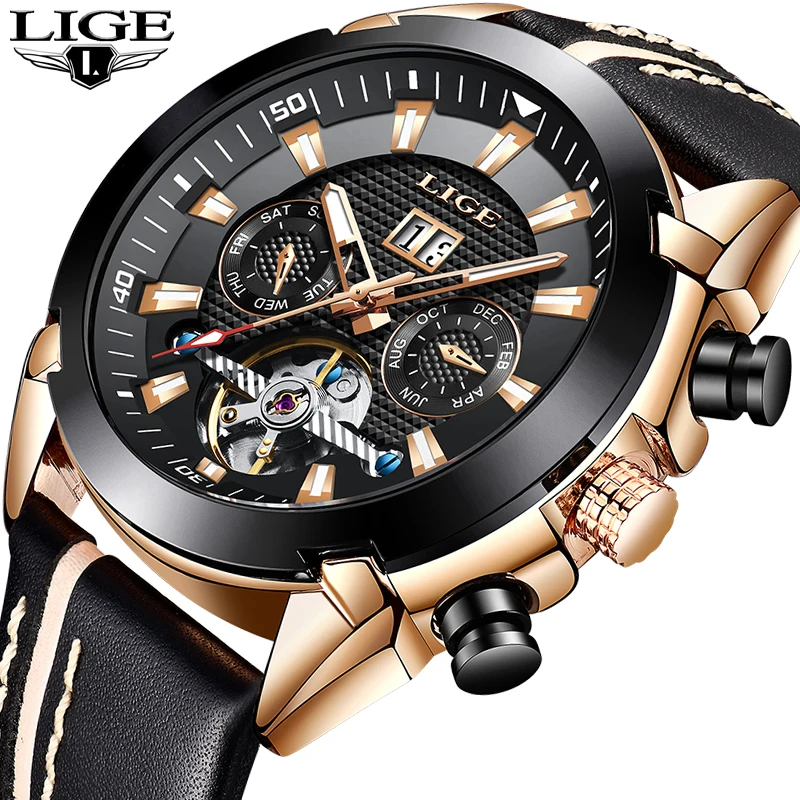

LIGE Brand Men Watches Automatic Mechanical Watch Tourbillon Sport Clock Leather Casual Business Retro Wristwatch Relojes