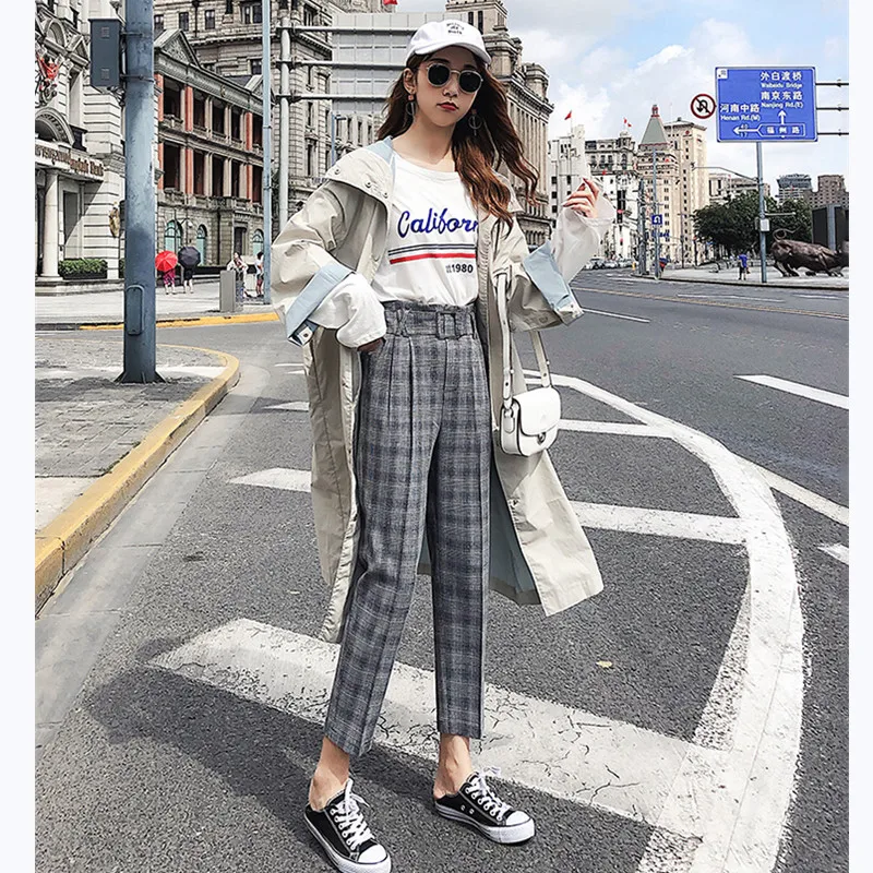 JUJULAND Для женщин брюки Проверено штаны шаровары в офисном стиле High waist ankle длина