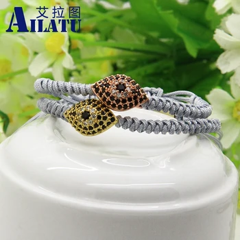 

Ailatu Wholesale 10pcs/lot Top Quality Mens Fashion Jewelry Grey String with Black Big Cz Turkish Lucky Eye Braided Bracelets
