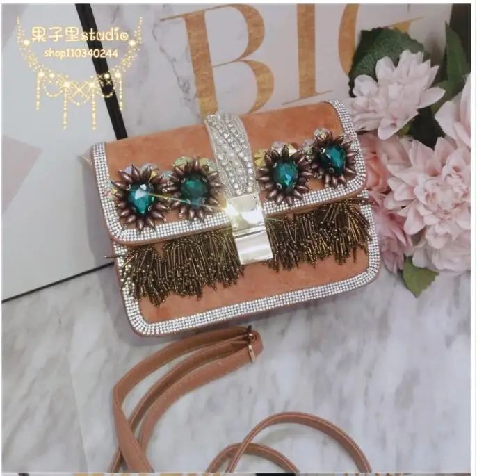 

New product heavy work beaded flower handmade versatile satin chain bag Messenger bag rhinestone pouch