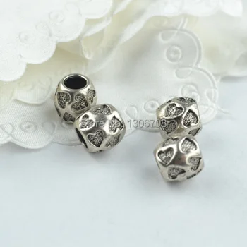 

50pcs Metal tibetan silver charms love heart pattern carved big hole round beads fit for europe bracelet jewelry making z42689