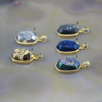 

5Pcs/lot,Faceted Slab Nugget Pendants Mystic Titanium Agates Druzy Geode,Gold Edges Raw Quartz Drusy Necklace Charms