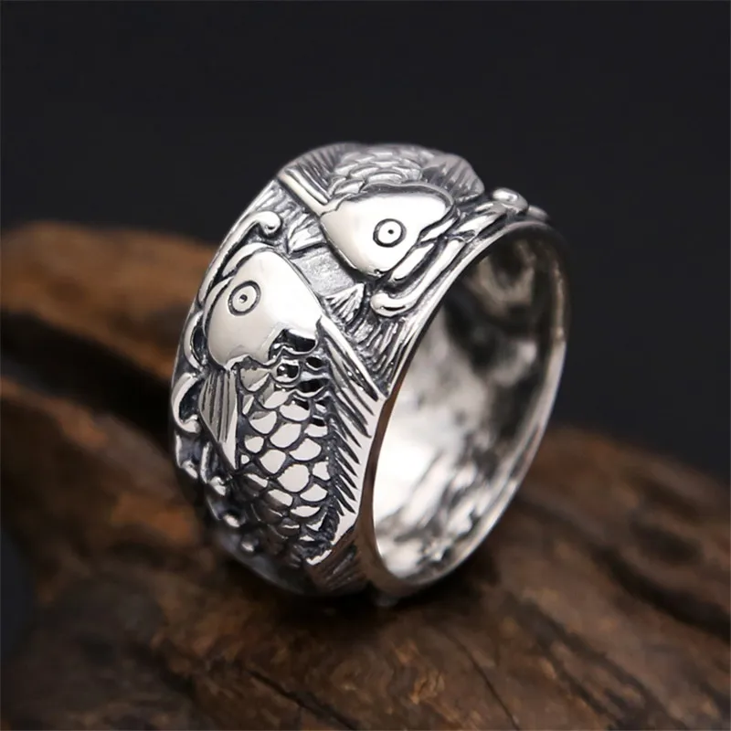 

Solid Fine Silver 925 Double Fish Wide Band Mens Rings Vintage Antique Sterling Silver 925 Mens Jewelry Simple China Style Rings