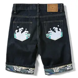 Летние Новые мужские джинсовые шорты направление, индивидуальность, бренд вышивка тренд большой размер свободные печатные прямые джинсы