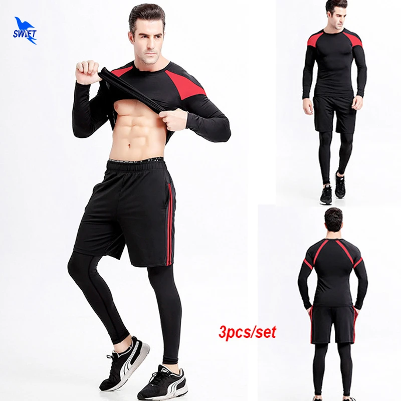 

3pcs Men Gym Fitness Clothing Sportswear Male Elastic Running Sets Quick Dry Basketball Jerseys Training Suit Compression Kits