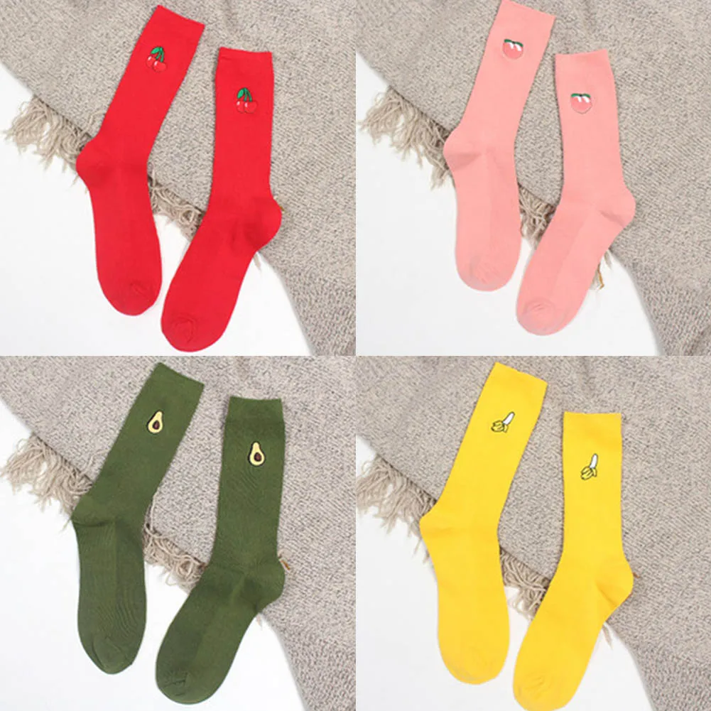 1Pair Cute Women Girls 3D Fruit Embroidery Cartoon Socks Cotton Warm High Hosiery Fashion Fruit Socks