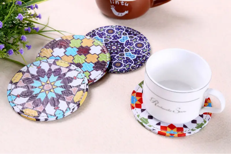  LINKWELL Set of 4 Round 10cmx10cm Modern Tile Design Paperboard PU Bar Coaster Table Cup Holder Dri