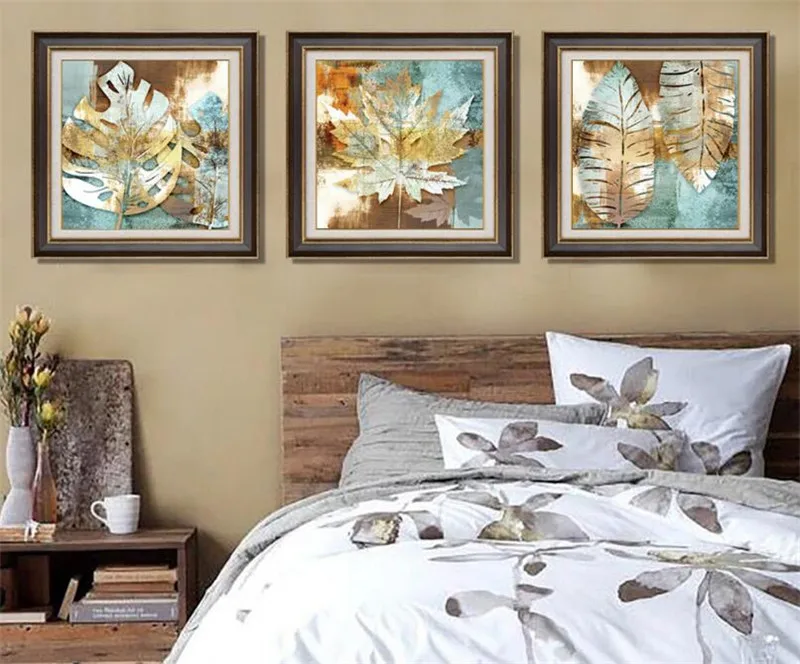 AtFipan Unframed 3 Panel European Vintage Hand Drawing Leaves Abstract Painting For Living Room Nordic Decorative | Дом и сад