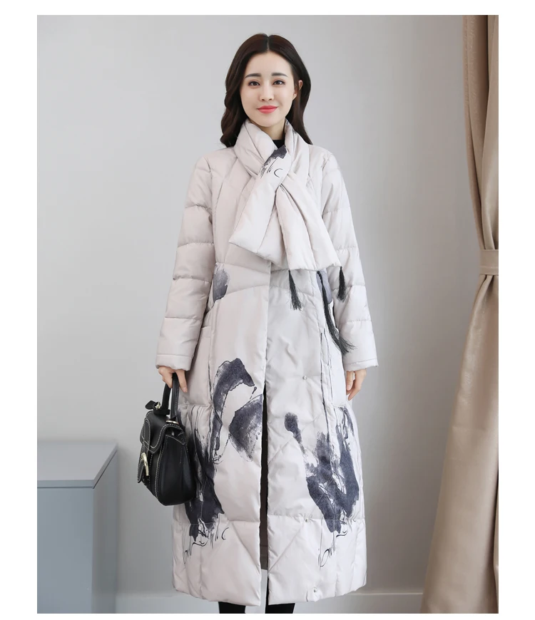 High Quality Winter Women's Ink and wash printing Chinese Style Vintage Long Down Coat