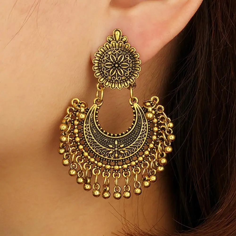 

Bohemian Semicircle Round Balls Tassel Carving Flower Women Dangle Earrings 2018