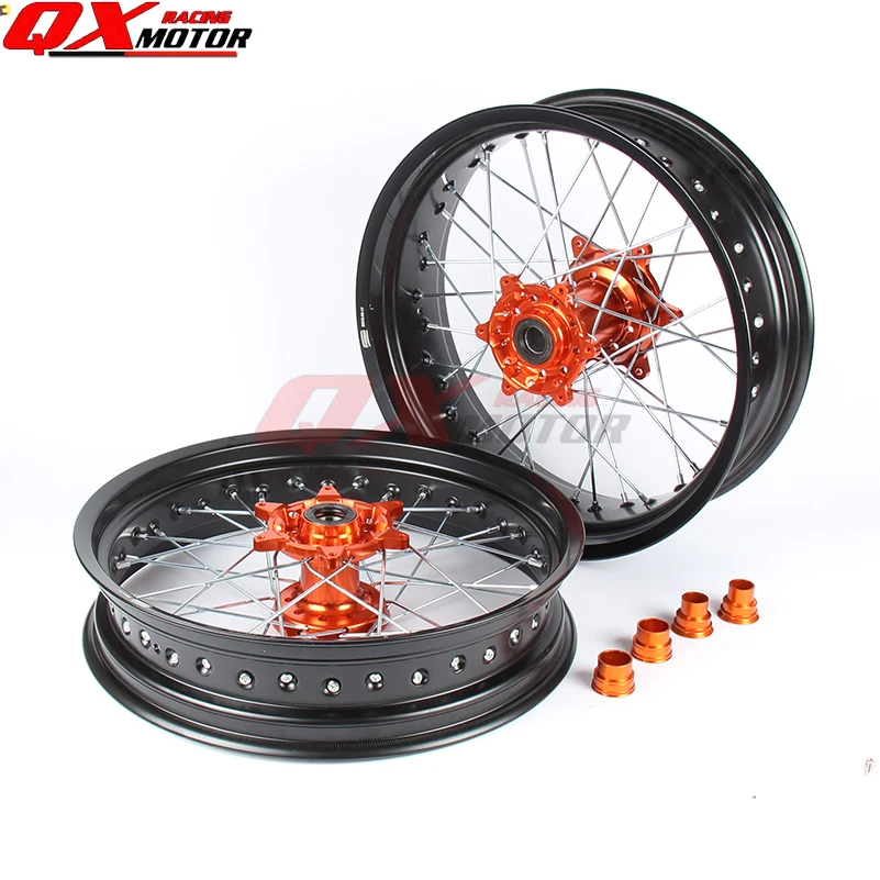

3.5/5.0*17" Supermotard Wheels 2008 2007 Orange Hub Black Rim For SXF EXC-R XC-F SX EXC 300 450 125 250 350 530 2003-2017