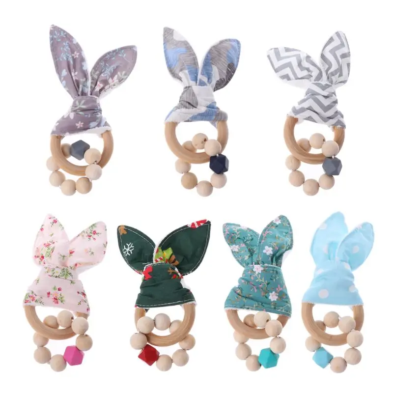 

7 Color Choice Shower Gifts Christmas Gift Baby Boy Bunny Ear Teether Safe Organic Wood Teething Ring