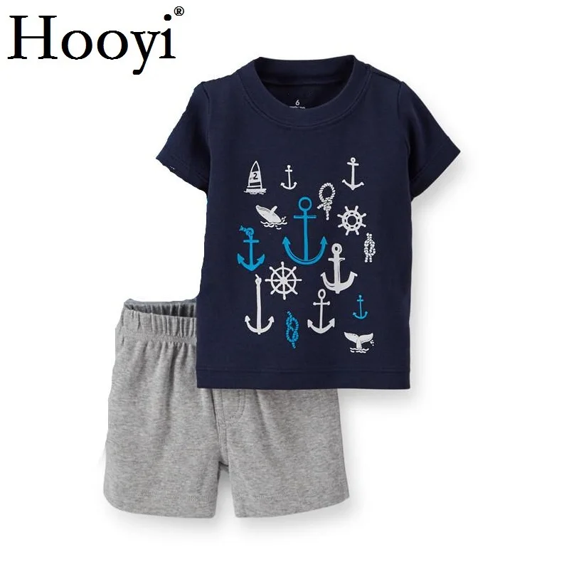 Повседневный комплект одежды для малышей комплекты одежды из 2 предметов для новорожденных летняя хлопковая Футболка с морским якорем для малышей, шорты штаны, хлопок, верхняя одежда