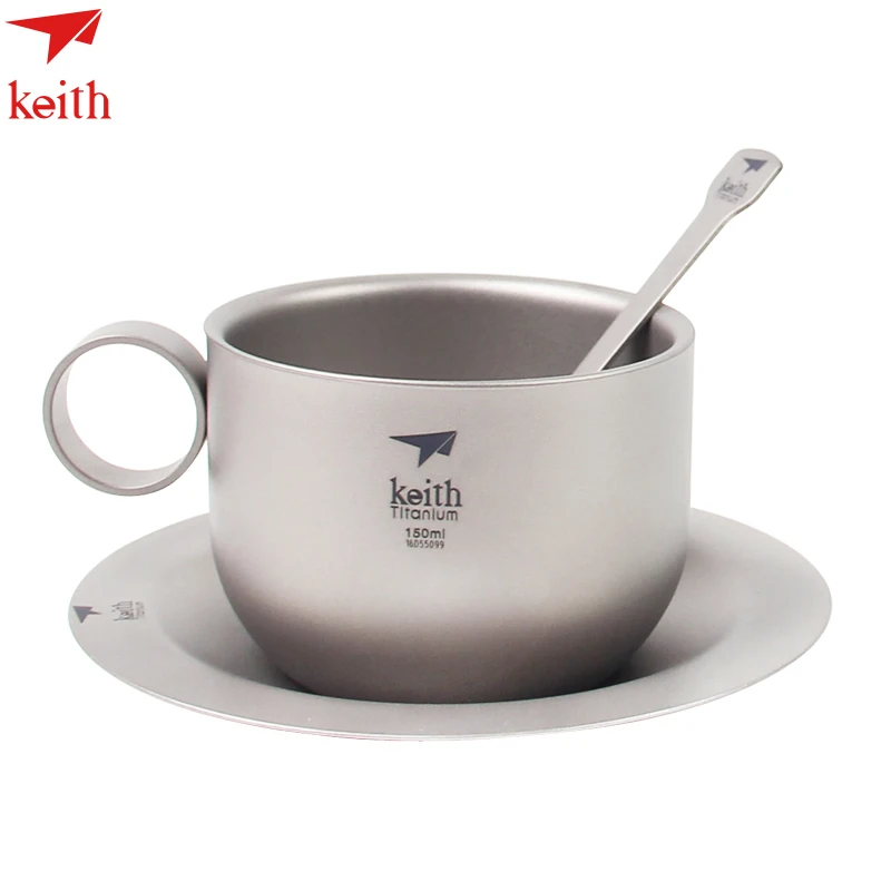 

2018 Keith 150ml Coffee Mug Titanium Coffee Mugs with Plate Titanium Spoon Outdoor Camping Ultralight Double-wall Tea CupTi3601