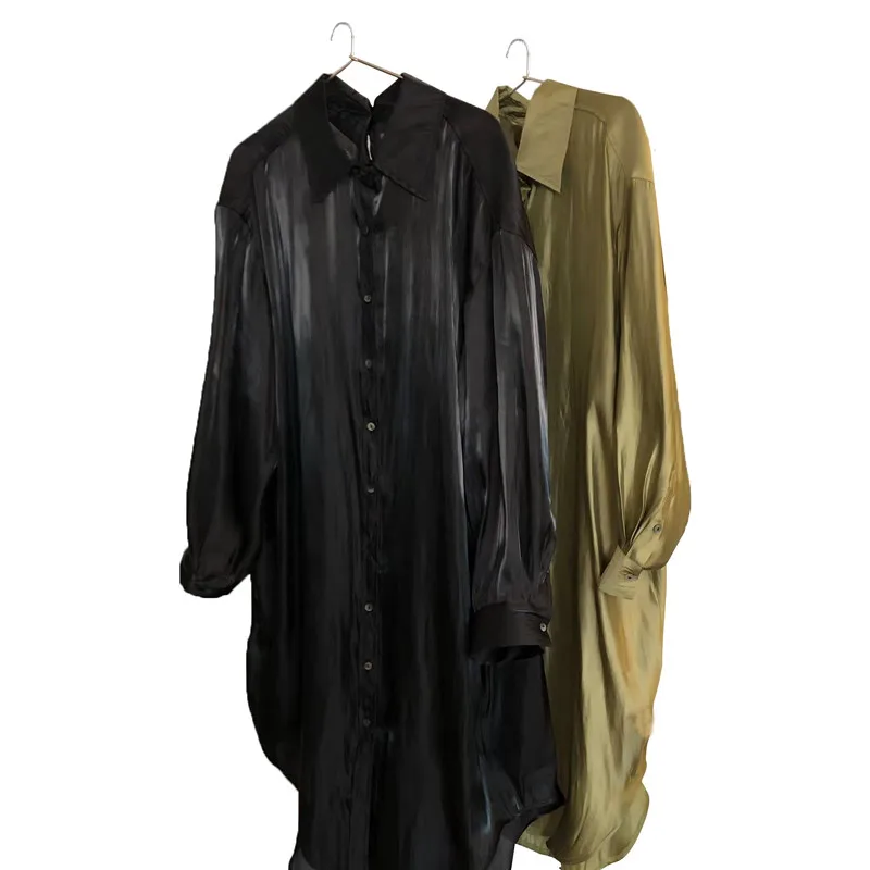 Vintage Silk Satin Dress Female Temperament Goddess Lazy Shirt Dress Loose Long Sleeve Silk Soft Long Robe Femme High Quality