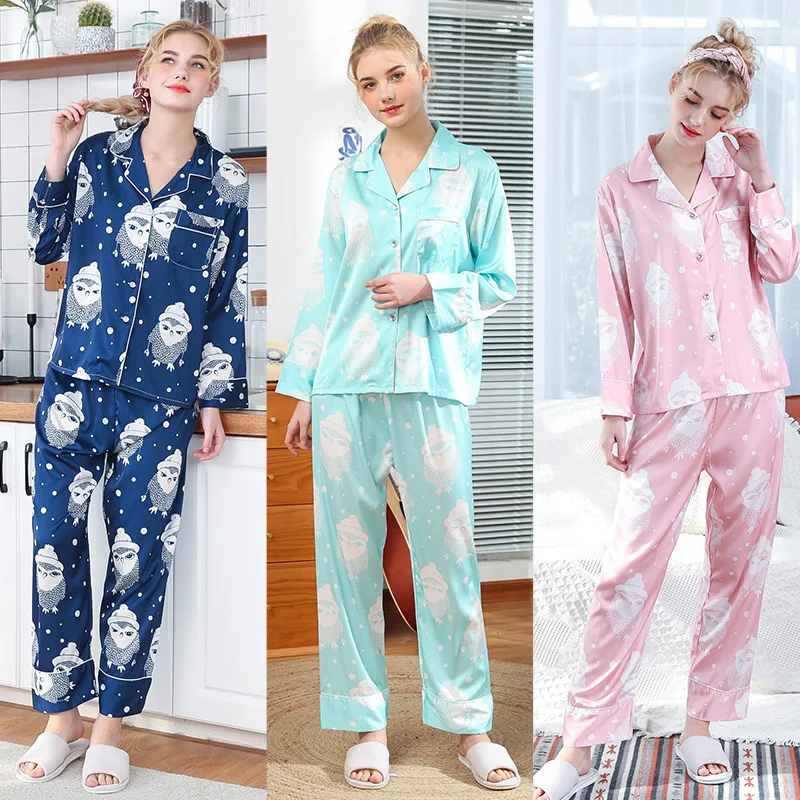Весенние и летние женские пижамы из искусственного шелка, новейшие топы с длинными рукавами, брюки, домашние пижамы из двух частей, летние женские пижамы