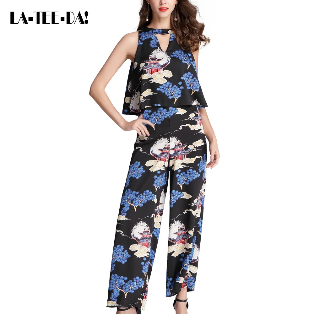 LTD078005 New Print Chinese Style Halter Jumpsuits Women Back Hollow