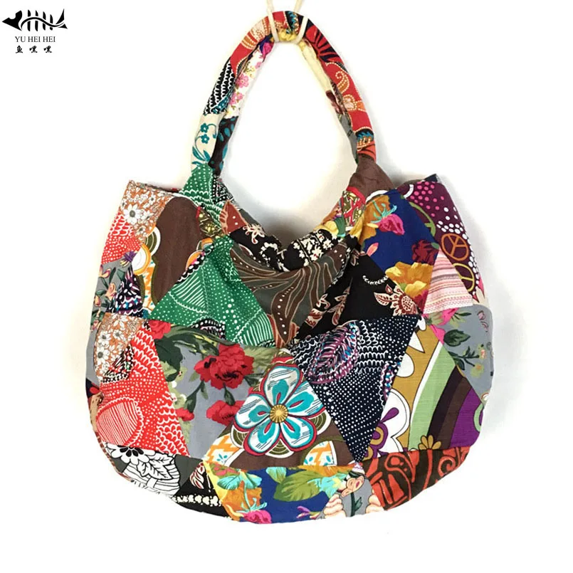 

Unique Seamless Patchwork Designed Tote Shoulder Bags for Women Bohemian Travel Shopping Bags Cotton Canvas Bag Women's Handbags