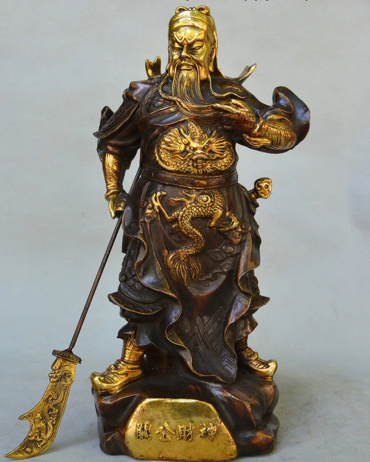 

14" China Bronze Gilt Dragon Robe Guan Gong Guan yu Guan-yunchang Soldier Statue