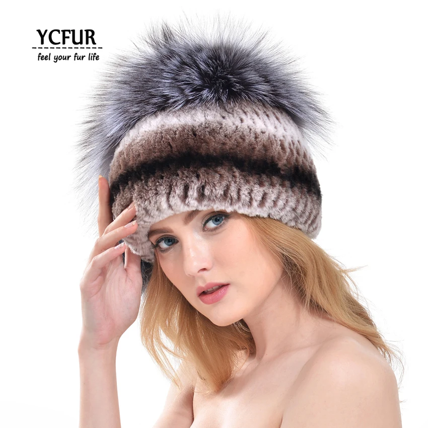 YCFUR женские шапки зимние из кожи кролика Рекс шапочки с мехом лисы верхняя