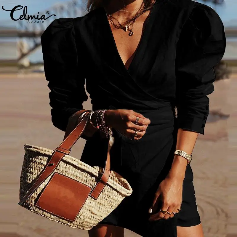

Plus Size Elegant Party Robe Vestido Celmia 2019 Casual Slim Sexy Deep V-Neck Mini Dress Oversized Solid Puff Sleeve Short Dress