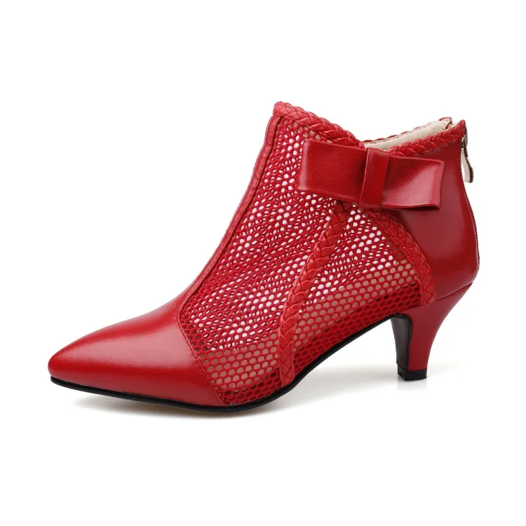 

kmeioo comfortable genuine leather ankle boots pointed toe kitten heels bowknot short boots cool cut outs shoes spring shoes