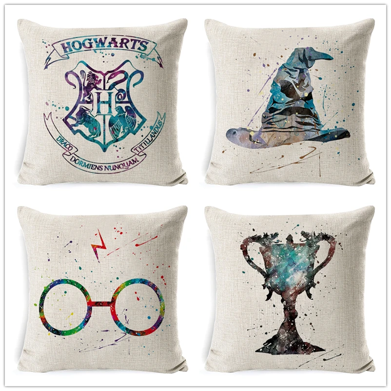 

Cartoon Pattern Cushion Cover Cotton Linen Goblet of Fire The Deathly Hallows Home Decorative Pillow Cover for Sofa Cojines