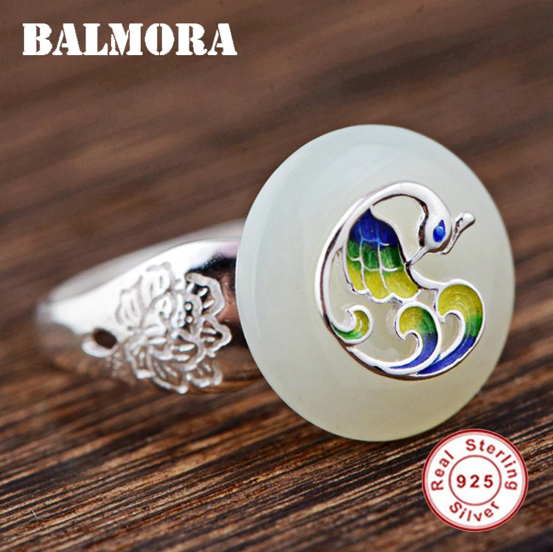 

BALMORA 925 Sterling Silver Enameling Peacock Resizable Rings for Women Mother Lover Gift Ethnic Fashion Animal Jewelry TRS22051