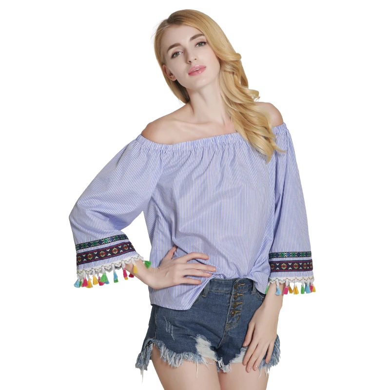 Off Shoulder Blouse Ladies Cute Ethnic Tassels Sleeve Loose Short Tops Women blusas femininas Boho Stripes Cotton blusa 2017 New