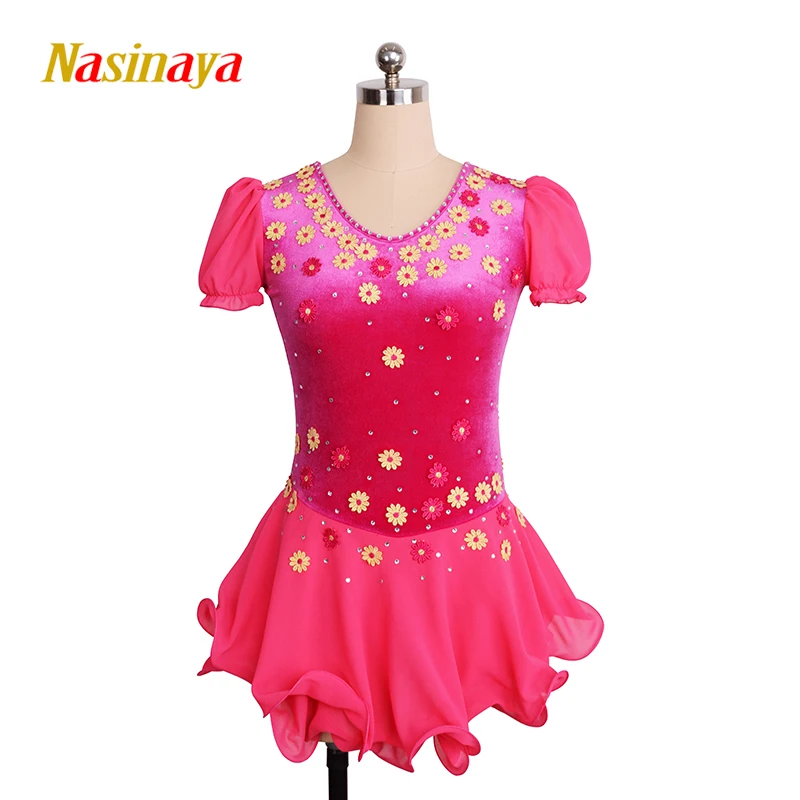 

customized clothes figure skating dress rhythmic gymnastics short sleeve pink adult child girl show skirt performance sequins