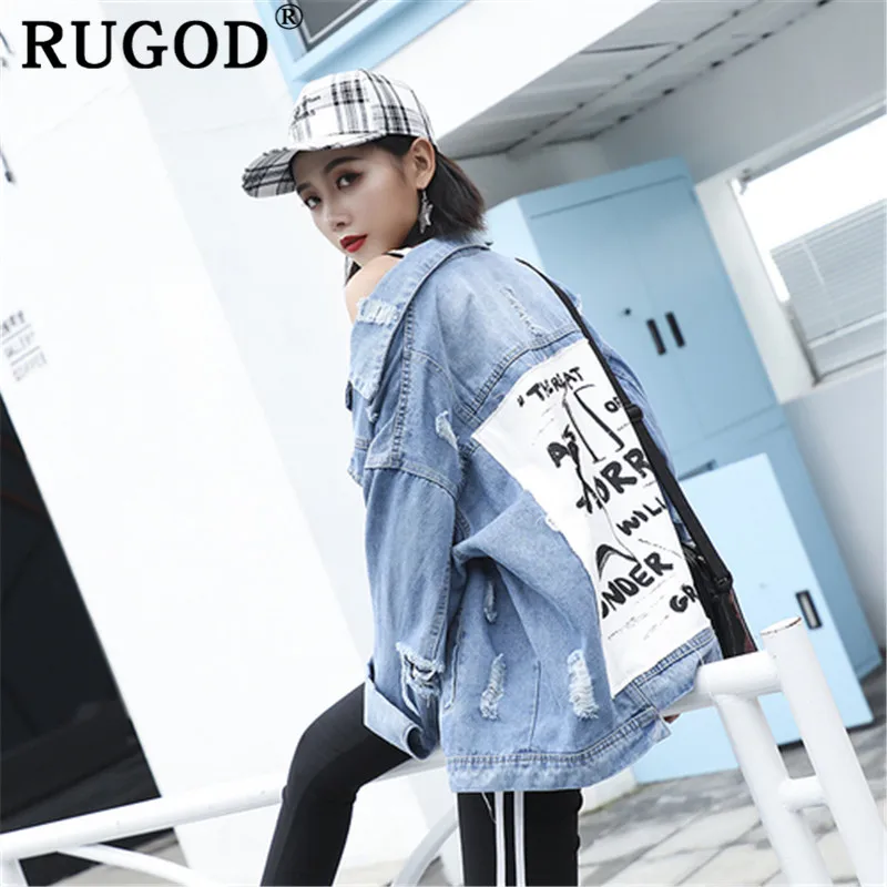 

RUGOD Fashion Chic Ripped Hole jeans jackets women Korean letter printed loose Frayed denim Jacket Female outwear Denim Feminine
