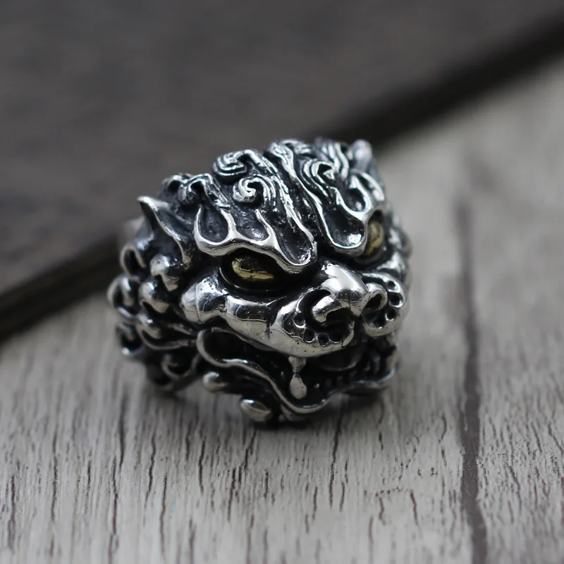 

Men's Thai Silver Carved Lion Personality Exaggerated Ring S925 Sterling Silver Retro Gold Eye Brave Open Ended Fashion Ring