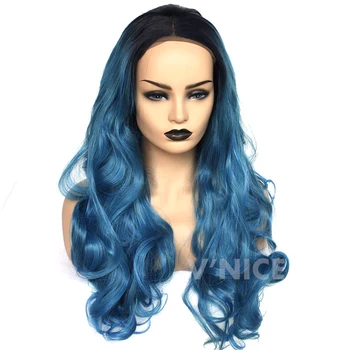 

Synthetic Lace Front Wig Body Wave Hair 22-26 Inch Lace Wigs for Black Women Ombre Blue Mixed with Green Glueless Synthetic Wig