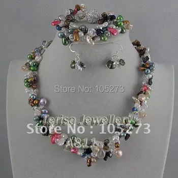 

Free Shipping AA 7-8MM Mix Color Natural Shaper Fresh Water Pearls Necklace Bracelet And Earring Fashion Set 3Rows
