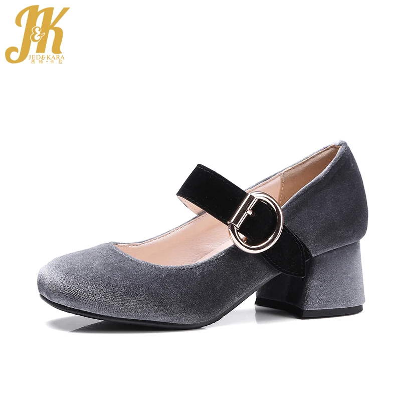 

J&K 2017 Big Size 32-43 Med Heels Pumps Fashion Buckle Charm Brand Women Shoes Castal Shoes Woman Shoes Sexy Flock Female Shoes