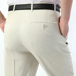 ICPANS льняные Мужские штаны летние тонкие прямые свободные Бизнес Для мужчин s брюки офис для мужчин брюки для официального костюма Для
