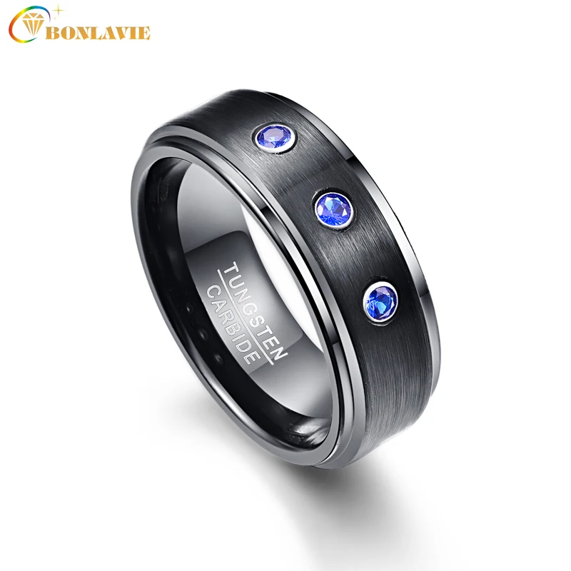BONLAVIE Blue Stone Tungsten Ring Wedding Brand 8MM Tungsten Carbide