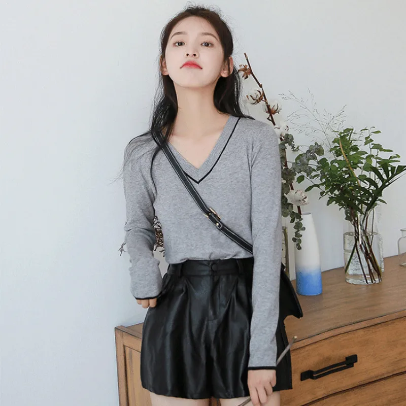 

Новый свитер с v-образным вырезом, Женский пуловер с длинными рукавами, осенне-зимний Повседневный аккуратный студенческий тонкий вязаный Топ H9423