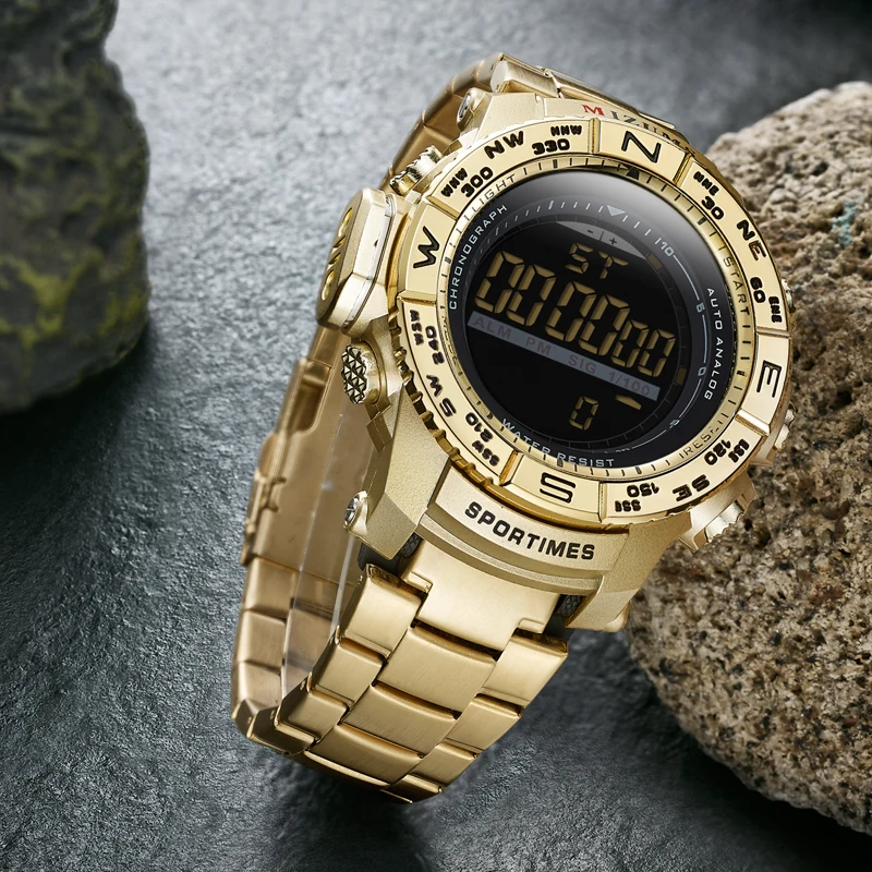 full golden steel band led digital watches for men cool big case sports watches waterproof military watch whoolesale drop shipping (24)
