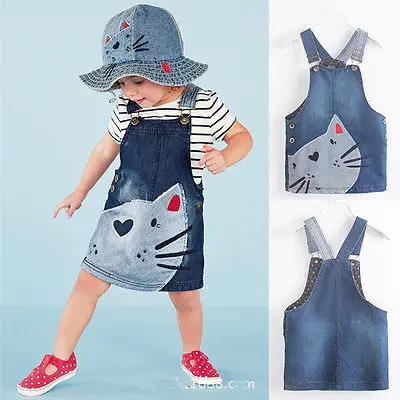 

Hot Summer Girls Dress Baby Girls Kids Cat Denim Overalls Dresses Braces Strap Dress Girls Clothes 2-7Y