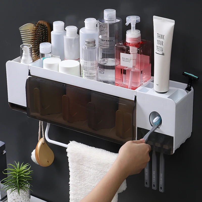 

Wall Mounted Toothbrush Holder With Cups Automatic Toothpaste squeezer dispenser Bathroom Storage Box Accessories Sets Organizer