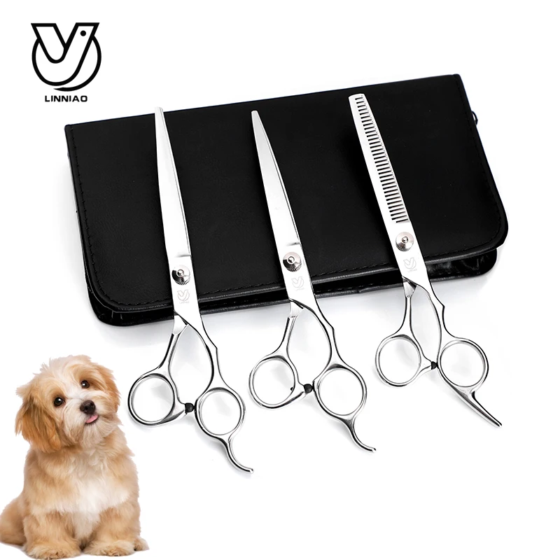 

Pet Grooming Scissors Set 7 Inch Professional 4CR13 Dog Shears Hair Cutting Thinning Curved Scissors With Comb Bag