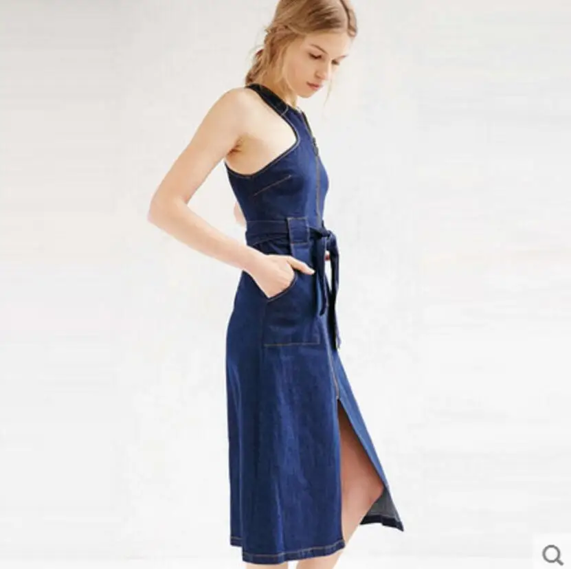 New Fashion 2018 Spring Summer sleeveless Split Drees Sexy lace-up Women denim Dress Ladies zipper jeans Dresses Vestidos w865