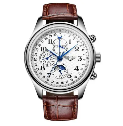 Мужские часы от роскошного бренда GUANQIN, автоматические механические часы, водонепроницаемые часы с вечным календарем, кожаные Наручные часы, мужские часы - Цвет: leather white B
