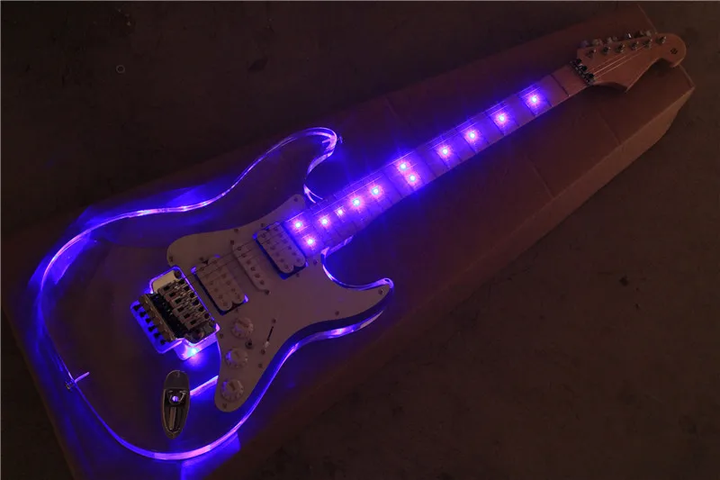 

Factory custom acrylic body tremolo bridge electric guitar with Led light,white pickguard,chrome hardware,can be customized