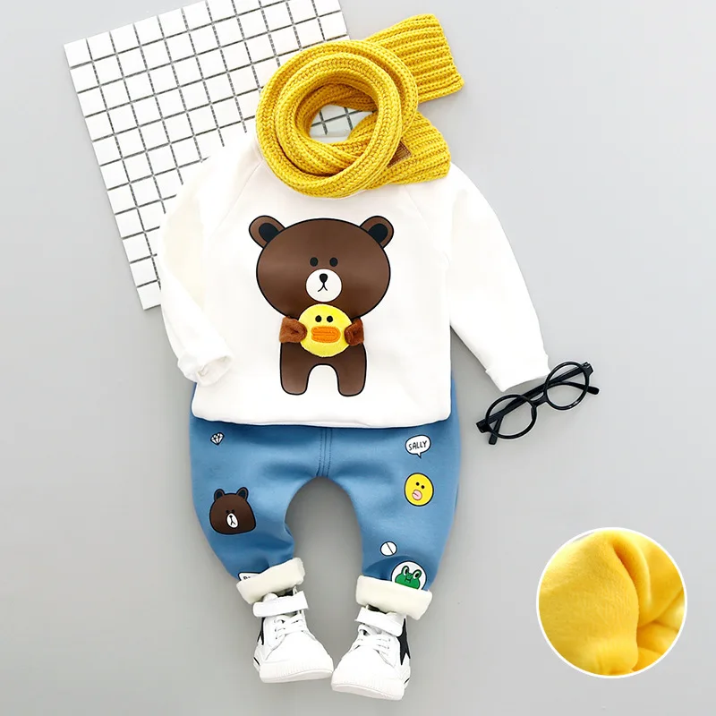 Одежда для маленьких мальчиков новые комплекты детской одежды зимняя футболка с длинными рукавами и рисунком медведя для мальчиков+ джинсы флисовый комплект одежды для новорожденных