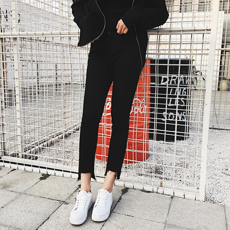 

Black velvet ripped jeans female waist pants feet female winter new of Korean students BF